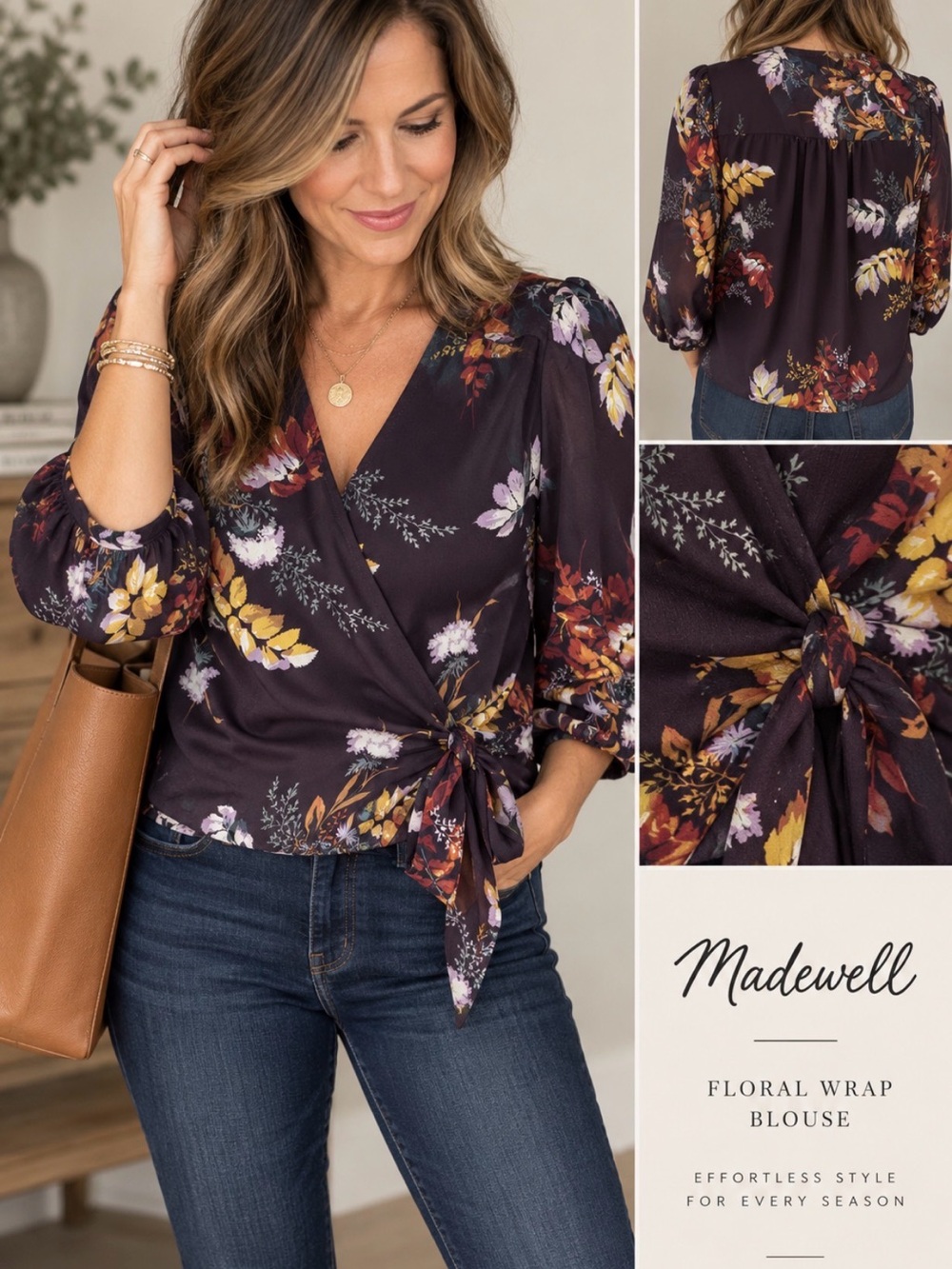 Madewell Floral Wrap Blouse Tie Waist 3/4 Sleeve Size M
